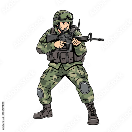 A cartoon-style illustration of a soldier in green camouflage gear holding a rifle with a serious expression against a plain white background.