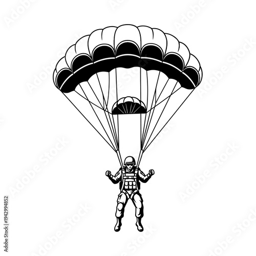 A soldier descends with a parachute in a black and white illustration, against a clean white background with a sense of calmness.