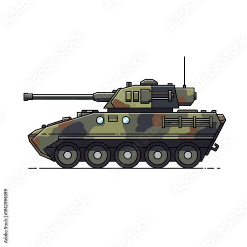 A military tank with a camouflage design and long gun barrel, depicted in a side view with a white background, showcasing a flat, 2D illustration style with bold lines and vibrant colors.