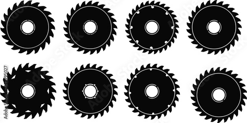 Collection of circular saw blade silhouettes, mechanical tool vector illustrations for construction, carpentry, hardware design, and engineering projects
