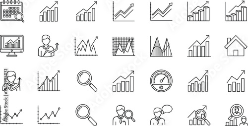 Collection of diverse business and finance related icons featuring charts data analysis and money concepts