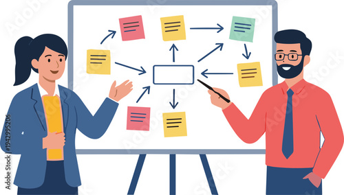 Business meeting illustration of a team collaborating on a project using a mind map on a whiteboard
