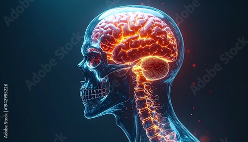 Digital Rendering Human Skull and Brain Highlighting Neurological Activity and Inflammation