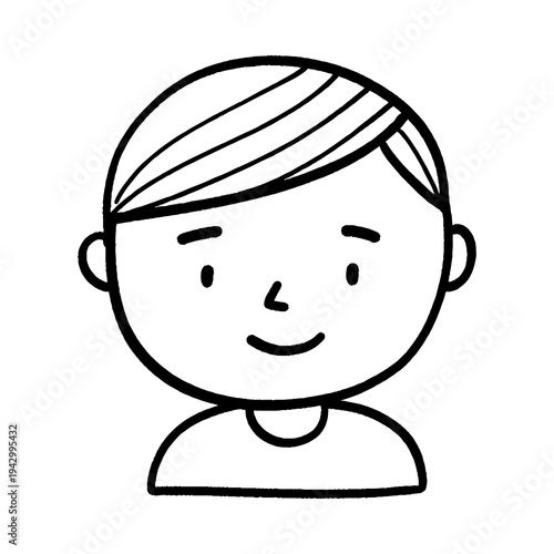 Simple black and white line art drawing of a smiling child's head and shoulders, featuring a minimalist cartoon style.