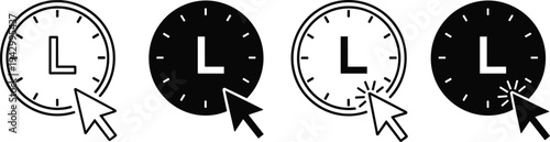 Time management and clock interaction icons showing mouse cursor clicking on different watch faces