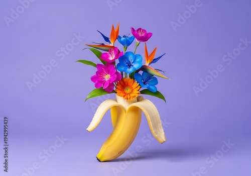 Vibrant tropical flowers emerging from a banana on purple background