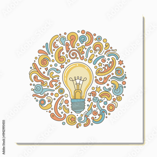 Bright Idea Light Bulb Surrounded by Colorful Swirls and Shapes.