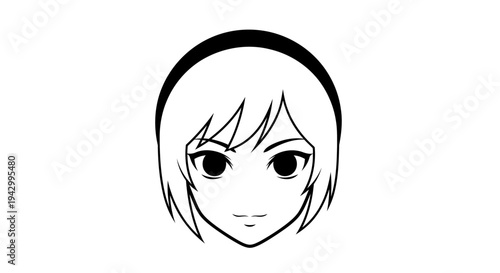 Anime girl portrait, black and white line art
