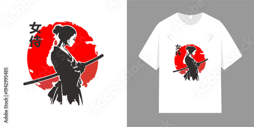 Japanese-style samurai typography t-shirt. Illustration of a samurai carrying a sword, a symbol of heroism. Ready to print for posters, clothing, jackets, and more.