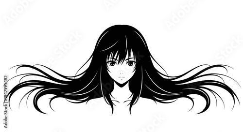 Black and White Anime Girl with Long Flowing Hair