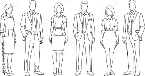 Minimalist vector line art illustration of diverse business people standing in suits, professional corporate characters in formal office wear, isolated