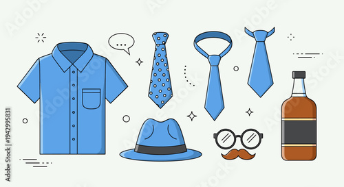 A stylish collection of men's fashion elements featuring shirts, ties, hats, and accessories in a minimalist style