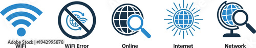 Wifi, wifi error, online, internet, and network blue color flat vector icons for digital content