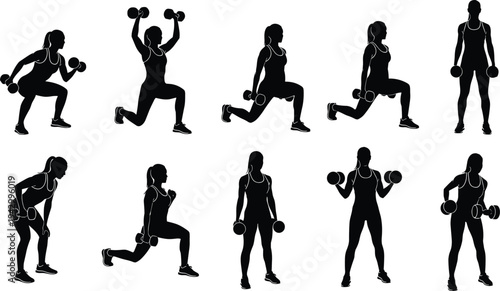 Collection of dumbbell workout silhouettes showing lunges, squats, shoulder presses, bicep curls, and strength training exercise vector illustrations