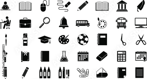Collection of education and school supply icons including books, students, graduation cap, bus, calculator, and stationery vector illustrations