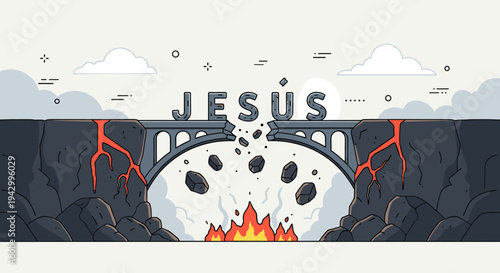 A stylized illustration of a bridge with the word 'JESÚS' amidst volcanic rocks and flames, in a modern flat design