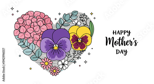 A vibrant heart-shaped arrangement of flowers with a cheerful Mother's Day greeting in a modern, colorful style
