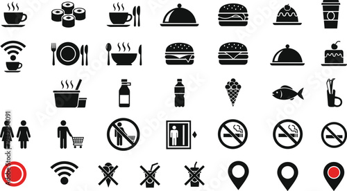 Collection of diverse icons including food, beverages, dining, shopping, restrooms, smoking restrictions, Wi-Fi, and location markers for signage