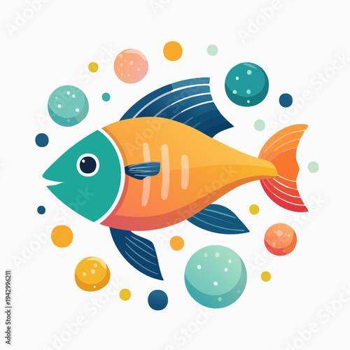 A whimsical cartoon fish swimming amongst colorful planets and bubbles