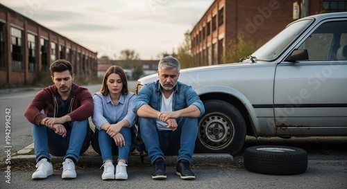 Three disappointed people sitting on the curb next to their old car with a flat tire, feeling frustrated and stranded on a desolate road.