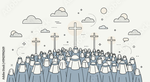 A group of nuns gathered around large crosses, featuring a minimalist and modern line art style