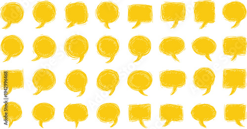 Set of hand-drawn speech bubbles doodle style, yellow comic speech bubbles message shapes