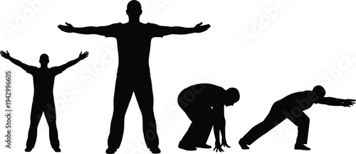 Athlete warm up exercise silhouettes set, stretching running start fitness training body movement active lifestyle poses, flat vector illustration