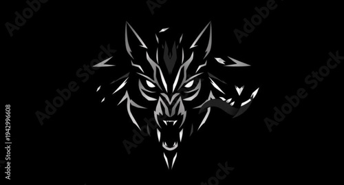 Abstract black and white vector illustration featuring a tribal wolf head symbol and dragon silhouette as a wild animal logo design element