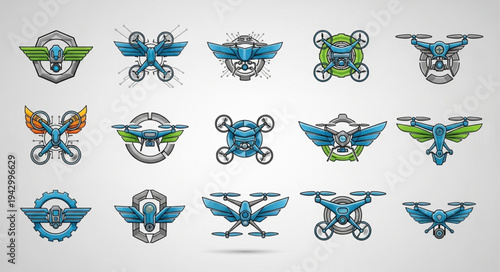 Collection of stylized drone emblems and logos.