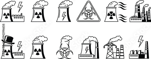 Nuclear power plant and industrial factory icon set representing energy production and environment