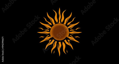Yellow vector illustration of a hot summer sun icon with orange rays on a black background representing solar heat and sunny weather