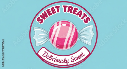 Round pink candy with white stripes and wrapper.