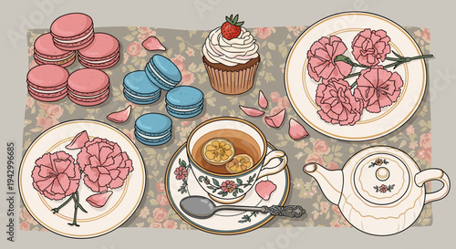 An elegant tea set featuring macarons, a cupcake, and floral decorations in a modern, illustrative style