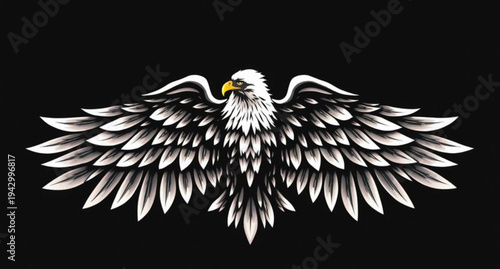 A black silhouette vector illustration of a wild eagle with wings flying in the snow, featuring a detailed bird head and beak for a nature tattoo or animal art symbol