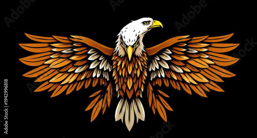 A majestic golden eagle with red wings and a black beak flies through the sunny sky in this wild animal vector illustration, featuring a powerful bald eagle mascot design for freedom and nature