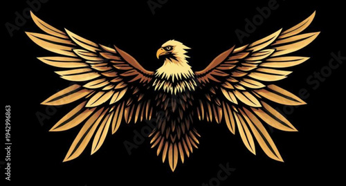 Vector illustration of a golden eagle bird symbol with spread wings, featuring a wild animal head design for a mascot logo or nature tattoo