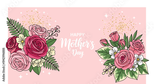 Beautiful floral arrangement featuring roses and greenery on a soft pink background for Mother's Day celebration