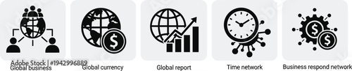 Global business network and finance icons show interconnectedness worldwide commerce currency operations