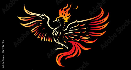Tribal tattoo design featuring a phoenix bird with wings and swirling fire flames in a vector illustration style for a symbolic logo element