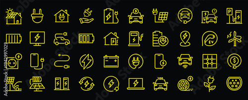 Charging web icons in line style. Charging, charging station, battery, electricity, wireless charging, electric car, collection. Vector illustration.