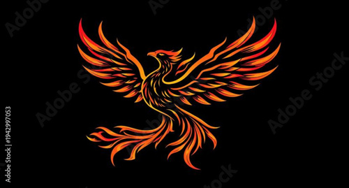Tribal phoenix bird illustration featuring fiery wings and a burning eagle design with red flame patterns and black vector elements