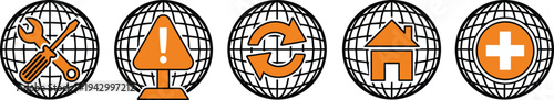 Globe network support and alert icon set with wrench screwdriver warning sign home and plus symbol