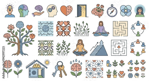 Mental health awareness and wellness icons for emotional support and psychology