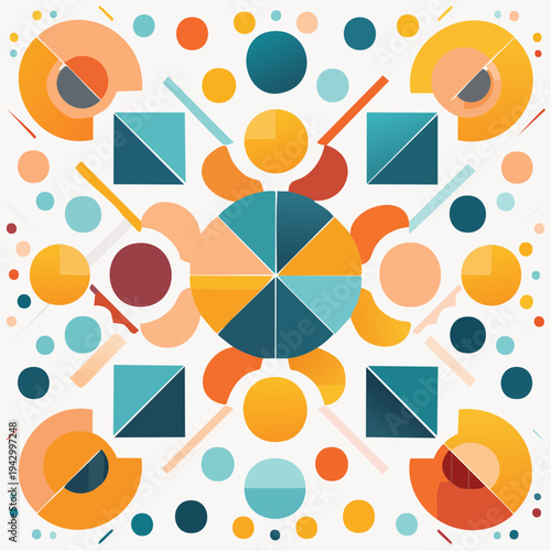 Dynamic abstract composition featuring symmetrical geometric forms and a playful color palette