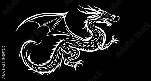 Black dragon silhouette tattoo vector illustration on white background featuring a tribal fantasy animal symbol in a medieval heraldic drawing style for mythology art design