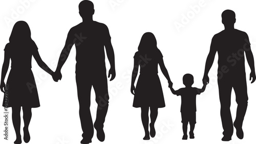 Family of five holding hands facing forward black silhouette