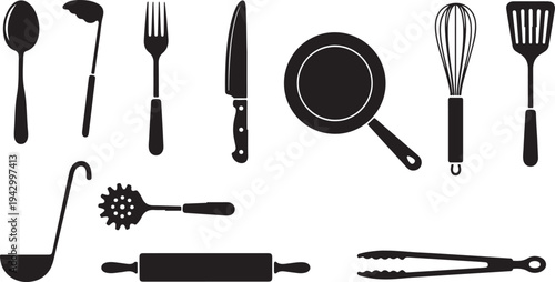 Black silhouettes of various kitchen utensils arranged in a row silhouette