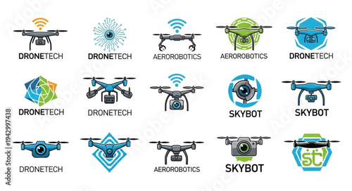 Collection of drone logos and icons for technology companies.