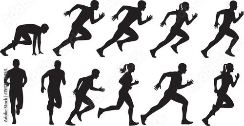 Diverse group of people running and moving in various poses silhouette
