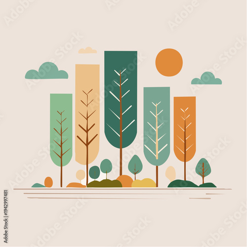 Abstract illustration of diverse trees in a stylized natural landscape under a warm sun